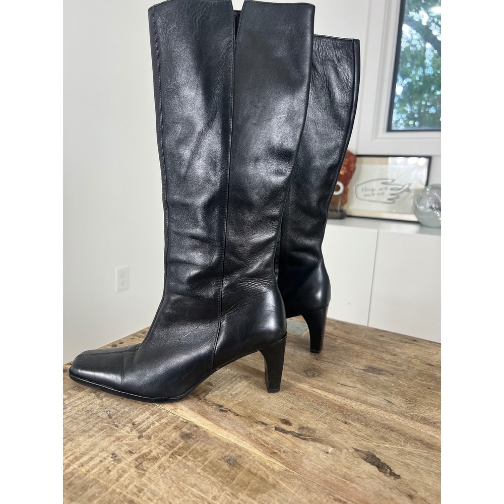 Etienne Aigner Black Leather Square Toe Knee High Boots Made in Brazil